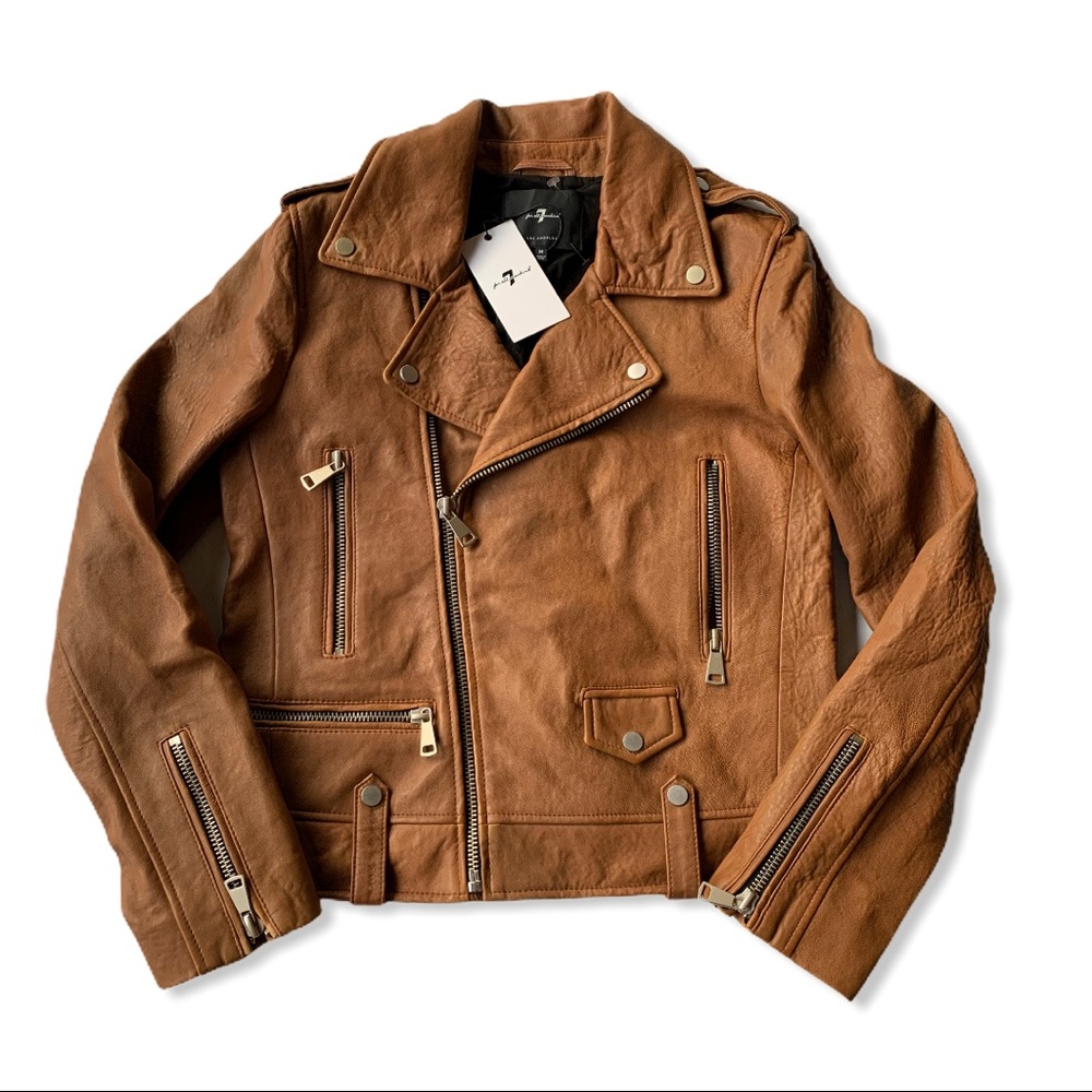 7 For All Mankind Camel Leather Motorcycle Jacket Medium